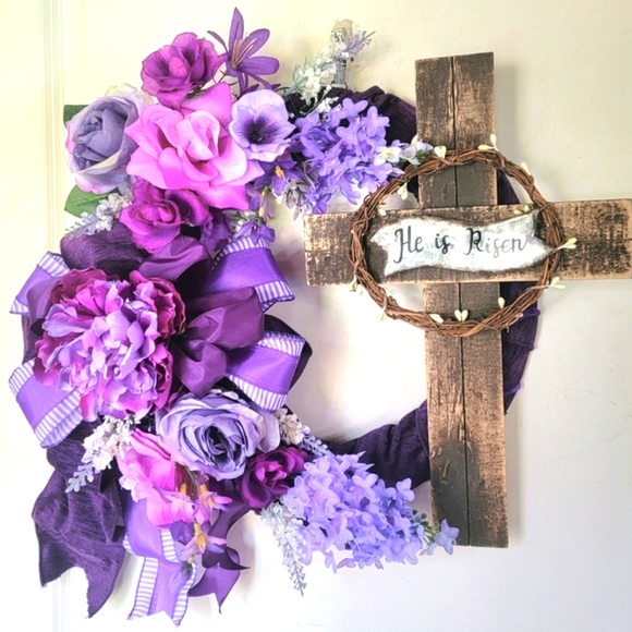 Easter Cross Wreath He is Risen Floral Bow - Picture 2 of 5